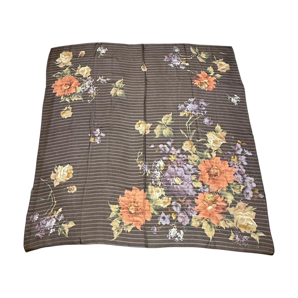 Echo Silk Scarf Vintage Brown Floral Striped Square 34 x 35" 1970s - 1980s